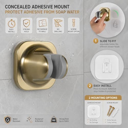 Handle held Shower Head Holder Wall Mount -Adjustable in 5 Positions - Dual Mount Option (Screw/Adhesive) - Brushed Gold