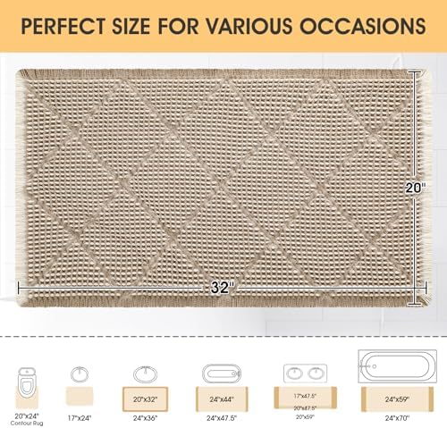 Waffle Bath Mat, Boho Woven Modern Bath Rug Absorbent Non Slip, Ultra Soft Bathroom Mats, Machine Washable Knit Bath Rugs with Rhombus for Bathroom, Bedroom, Kitchen, Shower, 32"x20", Beige & White