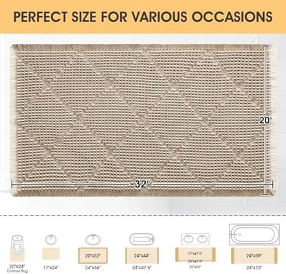Waffle Bath Mat, Boho Woven Modern Bath Rug Absorbent Non Slip, Ultra Soft Bathroom Mats, Machine Washable Knit Bath Rugs with Rhombus for Bathroom, Bedroom, Kitchen, Shower, 32"x20", Beige & White