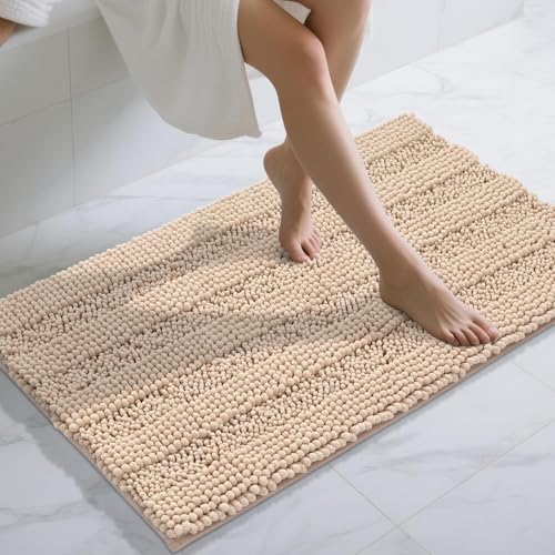 Yimobra Bathroom Rug Mat 44 x 24, Non Slip and Super Absorbent Bath Mat,Machine Washable Quick Dry,Ultra Plush Chenille Shower Rugs for Bathroom Floor Sink Tub and Shower Outside, Beige