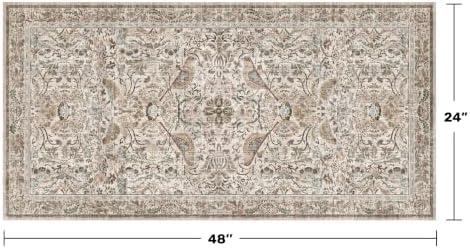 Boho Moss 2x4 Small Rugs for Entryway, Vintage Washable Low Pile & Soft Throw Rugs for Kitchen, Bathroom - Classic Home Décor, Bird & Botanical Design Stain Resitant Non Slip Carpet