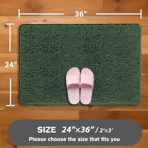 Hunter Green Bathroom Rugs – Absorbent and Washable Bath Mat, Non-Slip, Thick Soft Chenille Bath Rugs for Bathroom Floor, Shower, Sink - 24" x 36"