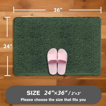 Hunter Green Bathroom Rugs – Absorbent and Washable Bath Mat, Non-Slip, Thick Soft Chenille Bath Rugs for Bathroom Floor, Shower, Sink - 24" x 36"