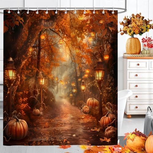 Fall Pumpkins Shower Curtain，Autumn Thanksgiving Harvest Halloween Forest Rural Trail Bathroom Decor，72 x 72 Inch Polyester Fabric Waterproof Bathroom Curtain with 12 Hooks