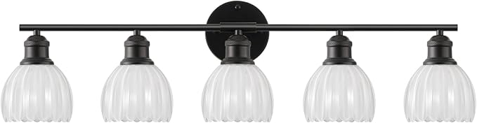 Bathroom Light Fixtures, 5-Light Brushed Black Vanity Lights for Bathroom with White Tulip Glass Shade, 30" Vintage Bathroom Vanity Lighting Fixtures Over Mirror for Bedroom Living Room Hallway