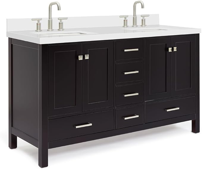 ARIEL Cambridge 60-inch Bathroom Vanity with Sink,Solid Wood, 1.5-inch Pure White Quartz Countertop, Double Rectangular Porcelain Sink, 4 Soft Closing Doors, 6 Dovetail Drawers, Espresso
