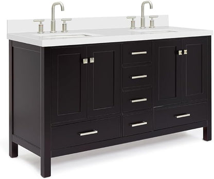 ARIEL Cambridge 60-inch Bathroom Vanity with Sink,Solid Wood, 1.5-inch Pure White Quartz Countertop, Double Rectangular Porcelain Sink, 4 Soft Closing Doors, 6 Dovetail Drawers, Espresso