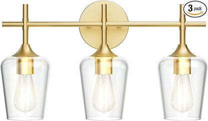 Ralbay Gold Bathroom Vanity Light 3-Lights Vintage Gold Vanity Lights Wall Lighting Clear Glass Gold Bathroom Light Fixtures Over Mirror