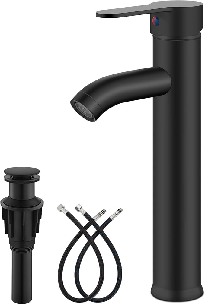 gotonovo Modern Vessel Sink Faucet with ABS Pop Up Drain, Matte Black | Modern Tall Bathroom Faucet 1 Hole Single Handle Round Body, cUPC Water Supply Hoses, Basin Mixer Tap for Vanity Lavatory Rv