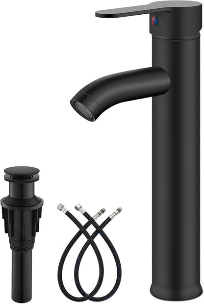 gotonovo Modern Vessel Sink Faucet with ABS Pop Up Drain, Matte Black | Modern Tall Bathroom Faucet 1 Hole Single Handle Round Body, cUPC Water Supply Hoses, Basin Mixer Tap for Vanity Lavatory Rv