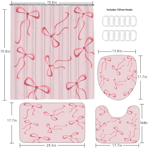 AZHM 4pcs Pink Bow Bathroom Shower Curtain Set with Rugs and Accessories