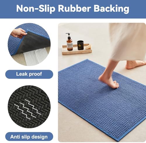 Triohero Bathroom Runner Rug, Long Bath Mat Washable Thin Quick Dry Low Pile Bathroom Runner Rugs 24 x 60 Non Slip, Denim Blue 24"x60"