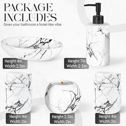 Ceramic Bathroom Accessory Set, 5-Piece Bathroom Accessory Set, Soap Dish, Toothbrush Holder, Soap Dispenser, Bathroom Tumbler & Candle Holder - Modern Bathroom Organizer, (White & Black)