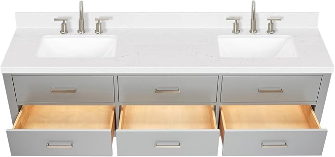 ARIEL Hutton 72-inch Bathroom Vanity with Sink,Solid Wood, 1.5-inch Carrara White Quartz Countertop & Backsplash, Double Rectangular Porcelain Sink, 3 Dovetail Drawers, Grey