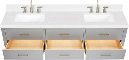 ARIEL Hutton 72-inch Bathroom Vanity with Sink,Solid Wood, 1.5-inch Carrara White Quartz Countertop & Backsplash, Double Rectangular Porcelain Sink, 3 Dovetail Drawers, Grey