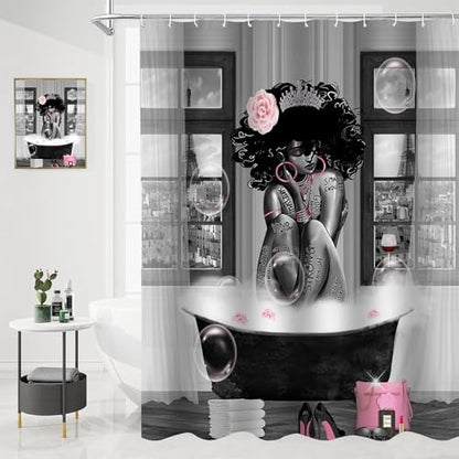 5Pcs Black Girl Shower Curtain Set with Decorative Painting, African American Wall Painting Bathroom Sets with Shower Curtain and Rugs, Trendy Women’s Bathroom Pictures for Wall Art Decor