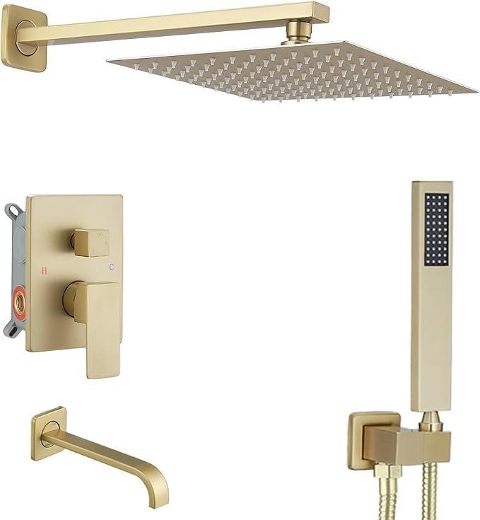 Brushed Gold Shower System with Tub Spout Wall Mounted Tub Shower Faucet Set for Bathroom with High Pressure 10" Rain Shower head and Handheld Shower Head Kit