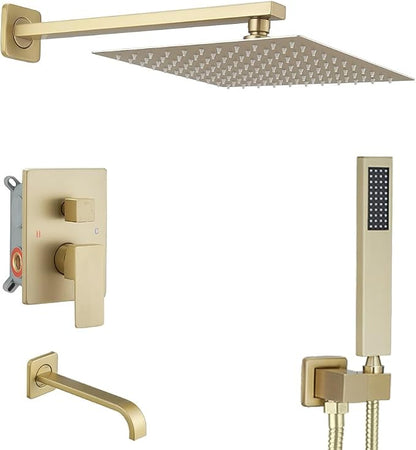 Brushed Gold Shower System with Tub Spout Wall Mounted Tub Shower Faucet Set for Bathroom with High Pressure 10" Rain Shower head and Handheld Shower Head Kit
