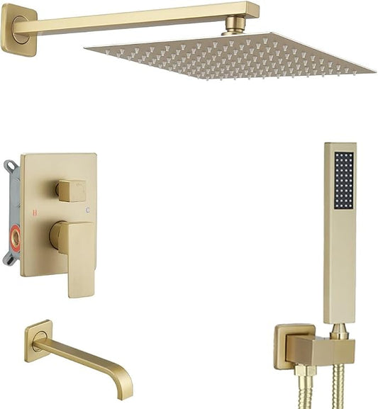 Brushed Gold Shower System with Tub Spout Wall Mounted Tub Shower Faucet Set for Bathroom with High Pressure 10" Rain Shower head and Handheld Shower Head Kit