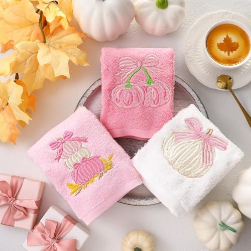 FuWeave 3 Pcs Pink Fall Pumpkin Bowknot Hand Towels for Bathroom