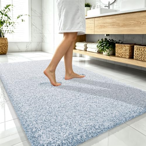 OLANLY Microfiber Bathroom Rugs 59x35, Quick Dry Mat, Airy Blue and White