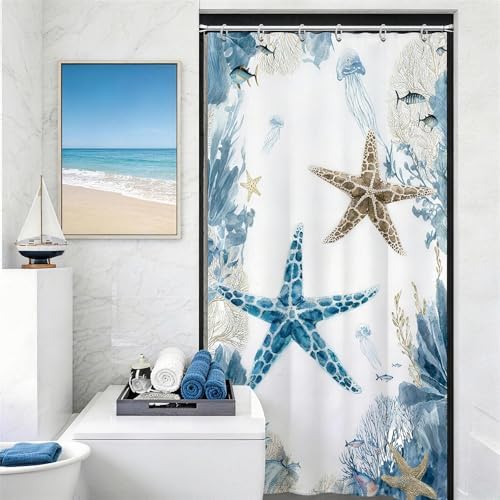 Blue Beach RV Shower Curtain for Bathroom, Ocean Coastal Theme, 32x72 In