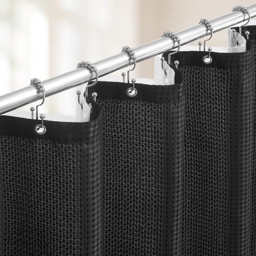 Shower Curtain and Liner Set, 3 in 1 Waffle Shower Curtain Set with 12 Double Sided Shower Curtain Hooks, Fabric Shower Curtains for Bathroom, Black, 72 x 72