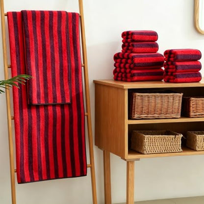 18 Pcs Red Black Cabana Stripe Bath Towel Set with Hanging Loop-6 Bath Towels,6 Hand Towels,6 Washcloths Family Towels Soft Microfiber Highly Absorbent Shower Towel for Bathroom Beach Spa Gym