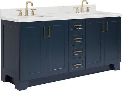 ARIEL Taylor 72-inch Bathroom Vanity with Sink,Solid Wood, 1.5-inch Carrara White Quartz Countertop, Double Rectangular Porcelain Sink, 4 Soft Closing Doors, 6 Dovetail Drawers, Midnight Blue