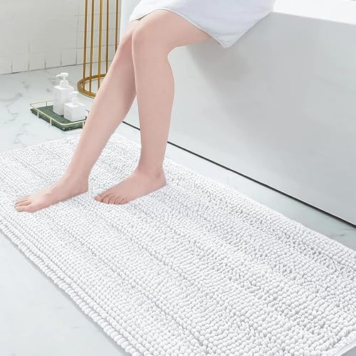 Grandaily Chenille Striped Bathroom Rugs 70x24, Extra Thick and Absorbent Bath Mats, Non-Slip Soft Plush Shaggy Shower Carpet, Machine Wash Dry, Bath Rug for Bathroom, White