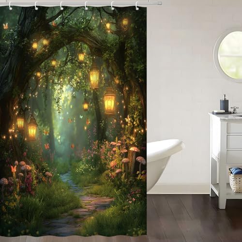 Fantasy Forest Path Shower Curtain Fairy Magical Enchanted Misty Jungle Mushroom Floral Tree Butterfly Lantern Wonderland Plant Bath Curtain Fabric Bathroom Accessories Decor with Hooks 47W x70L