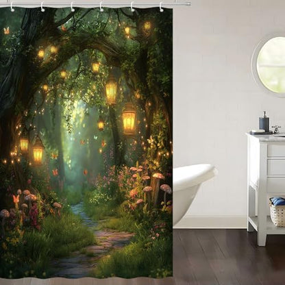 Fantasy Forest Shower Curtain Fairy Magical Enchanted Misty Jungle Mushroom Floral Tree Butterfly Lantern Wonderland Bath Curtain Fabric Bathroom Accessories Decor with Hooks 47W x63L