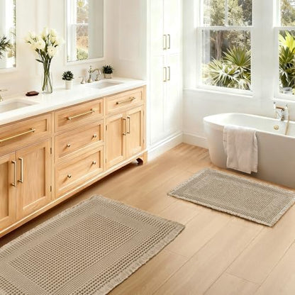 JIUZHEN Set of 2 Waffle Bath Mats Boho Bath Rugs 16x24&20x32, Loop-Brown