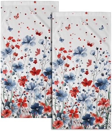 4th of July Hand Towel Set of 2, 14x28 Inch Patriotic Red Blue Floral Leaves Absorbent Soft Dish Cloth Towels for Kitchen Bathroom Home Memorial Day Independence Day Decor