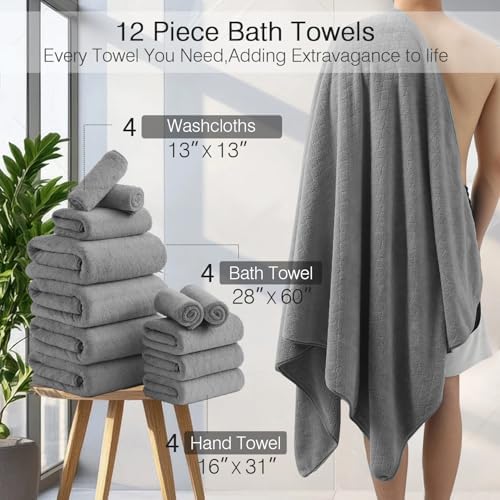 Luxury Bath Towels Set - 12 Piece (4 Bath Towels,4 Hand Towels,4 Washcloths), 100% Microfiber,Extra Absorbent Super Soft & Quick Dry,Complete Family Pack for Bathroom Gym Pool,Grey