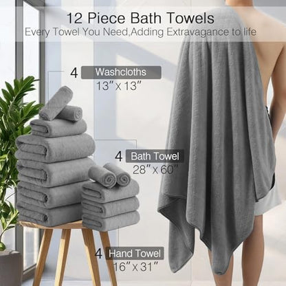 Luxury Bath Towels Set - 12 Piece (4 Bath Towels,4 Hand Towels,4 Washcloths), 100% Microfiber,Extra Absorbent Super Soft & Quick Dry,Complete Family Pack for Bathroom Gym Pool,Grey