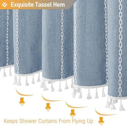 BTTN Blue Boho Farmhouse Linen Heavy Duty Cloth Shower Curtain Set, 72x72