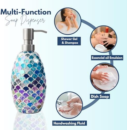 Escenzy Mermaid Bathroom Accessories Set 4 Pcs | Handcrafted Mosaic Glass Soap Dispenser, Toothbrush Holder, Cotton Jar, Soap Tray | Luxury Mermaid Bathroom Decor | Coastal Boho Gift