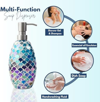 Escenzy Mermaid Bathroom Accessories Set 4 Pcs | Handcrafted Mosaic Glass Soap Dispenser, Toothbrush Holder, Cotton Jar, Soap Tray | Luxury Mermaid Bathroom Decor | Coastal Boho Gift