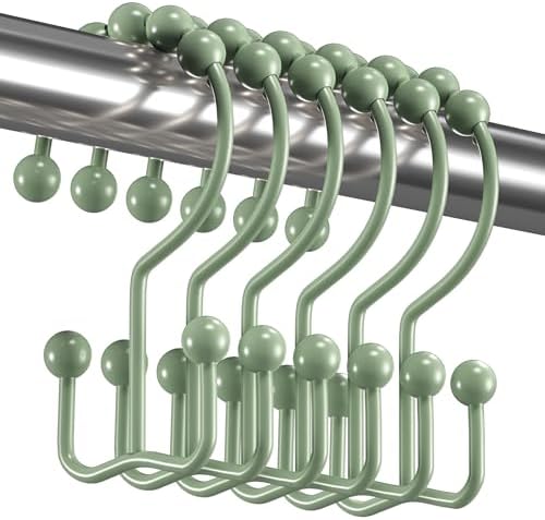Titanker Shower Curtain Hooks Rings, Rust-Resistant Metal Double Glide Shower Hooks for Bathroom Shower Rods Curtains, Set of 12 Hooks - Sage Green