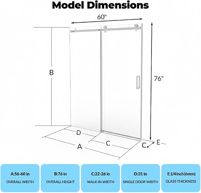 Frameless Shower Door, Adjustable 56"-60" Width x 76" Height, 6mm (1/4") Clear Tempered Safety Glass with Coating, Silver Square Rail System, One Fixed One Sliding