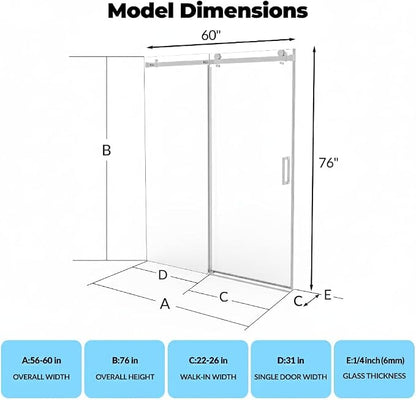 Frameless Shower Door, Adjustable 56"-60" Width x 76" Height, 6mm (1/4") Clear Tempered Safety Glass with Coating, Silver Square Rail System, One Fixed One Sliding