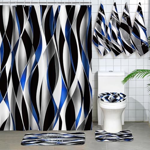 Honoson 8 Pcs Black Blue White Striped Shower Curtain Bathroom Set