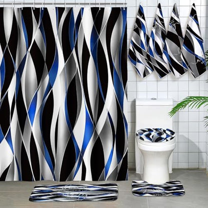 Honoson 8 Pcs Black Blue White Striped Shower Curtain Bathroom Set