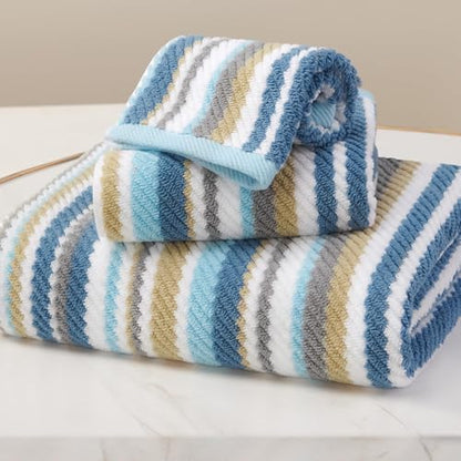 VOOVA & MOVAS Striped Towels 3 Pack, 100% Cotton, Blue Gray Beige