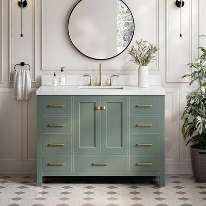 ARIEL Cambridge 48-inch Bathroom Vanity with Sink,Solid Wood, 1.5-inch Carrara White Quartz Countertop, Single Rectangular Porcelain Sink, 2 Soft Closing Doors, 9 Dovetail Drawers, Vintage Green