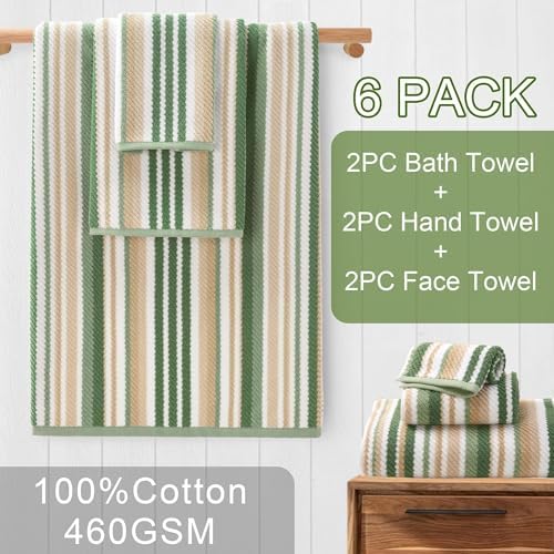 VOOVA & MOVAS Striped Towels 6 Pack, 100% Cotton, Sage Green