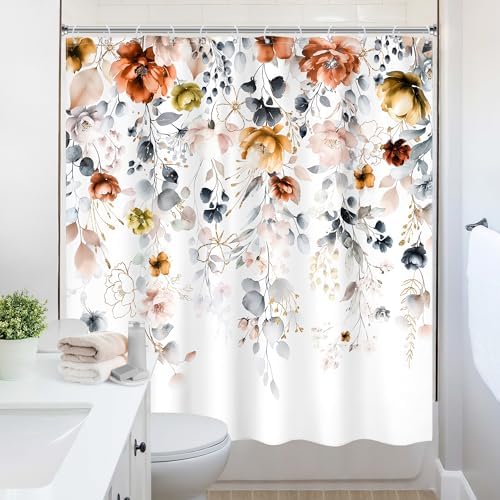 Floral Rustic Wildflower Watercolor Plant Grey Bathroom Shower Curtain Set