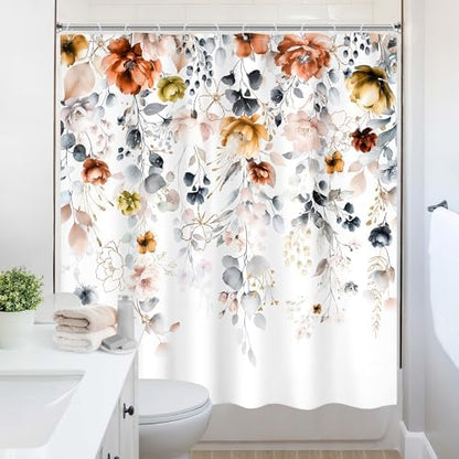 Floral Rustic Wildflower Watercolor Plant Grey Bathroom Shower Curtain Set