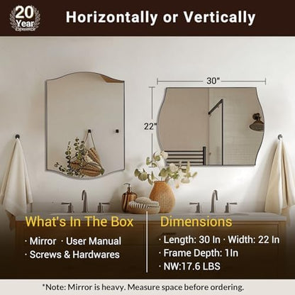 ANDY STAR Polished Chrome Bathroom Mirror, 22"x30" Scalloped Wall Mirror in Stainless Steel Metal Frame, Unique Vanity Mirror with Modern Curved Edge Design, Ideal for Bathroom, Bedroom, Entryway